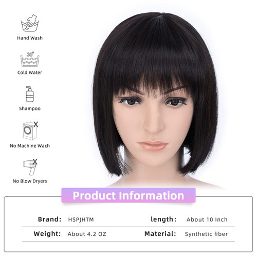 HSPJHTM Black Bob Wigs,10" Short Bob Wigs with Bangs, Straight Bob Wigs for Women, Synthetic Short Bob Wigs Heat Resistant Fiber Wigs for Daily Party Cosplay (Free Wig Cap)