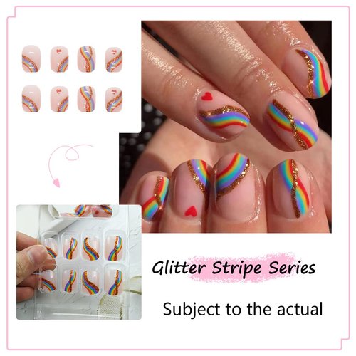 24Pcs Press on Nails Short, Rainbow Fake Nails Square, Glitter Press on Acrylic French False Nails Tips with Design, Colorful Stripes Heart Glossy Artificial Nails Gay Pride Stick On Nail