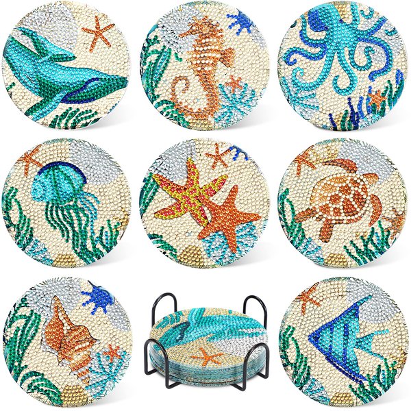 UPINS 8Pcs Ocean Diamond Art Painting Coasters Kits with Holder, Diamond Art Non Slip Coaster Kits DIY with Holder Crafts for Adults Diamond Art Painting Kits Supplies for Christmas Gift