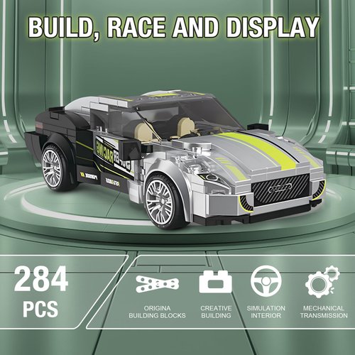 HIGH GODO Super Racing Car Building Sets with Display Case, Collectible Champion Car Model DIY Building Kit, Cool Vehicles Construction Toy Sets for Adult Teens Kids Gift Idea(284 Pieces)