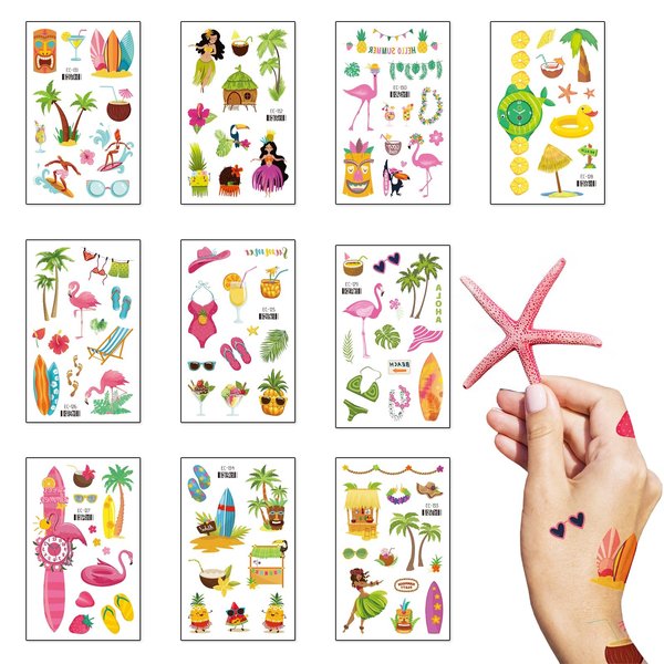 LANGFON 10 Sheet Summer Hawaiian Temporary Tattoos Flamingo Beach Theme Temporary Tattoo Sticker Waterproof Surfing Palm Tree Fake Tattoo for Women Girls Birthday Summer Hawaii Party Favor Supplies