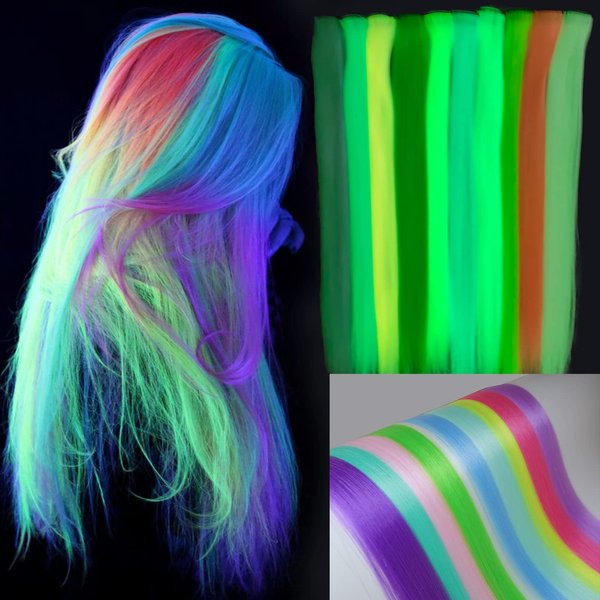 Ms Aloe 20 Pcs Glow in the Dark Hair Extensions Clip in Hair Extensions Colroful Luminous Hair Piece 22inch Straight Synthetic Hairpiece Highlights Clip in Hair Extensions for Women Girls Kids
