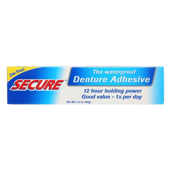 Secure Waterproof Denture Adhesive - Zinc Free - Extra Strong Hold for Upper, Lower or Partials - 1.4 oz