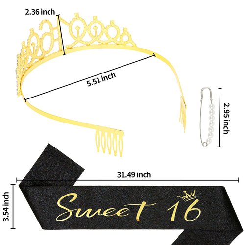 YARIEW Black Sweet 16 Sash and Gold Tiara, Sweet 16 Birthday Decorations for Girls, Birthday Crown and Sash, 16th Birthday Gifts for Girls, Sweet Sixteen Gifts for Girls