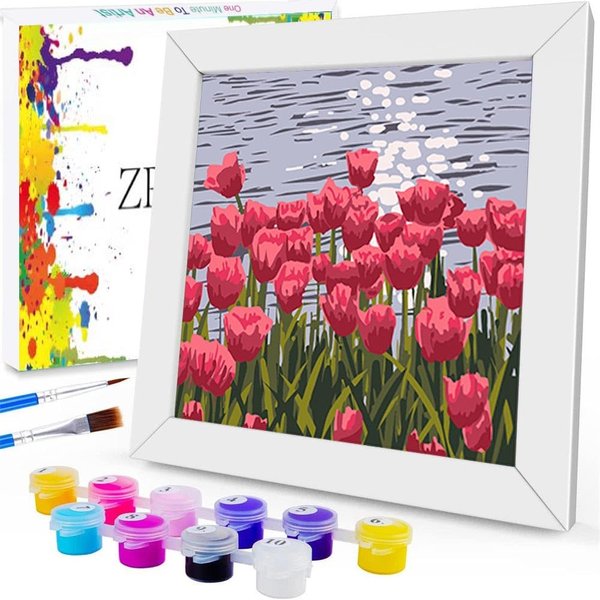 ZRIZQ Paint by Numbers for Adults Beginner Kids Ages 6-8-12 with Wooden Frame,Easy Paint by Numbers for Gift Home Decoration 8x8 Inch(Flowers 2)