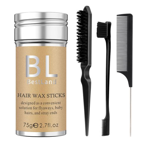4Pcs Hair Wax Stick & Slick Back Hair Brush Versatile Hair Styling Set, Hair Wax Stick for Flyaways & Wigs Hair Tamer Styling, Edge Brush, Teasing Brush and Rat Tail Combs for Kid Women Girls (Black)