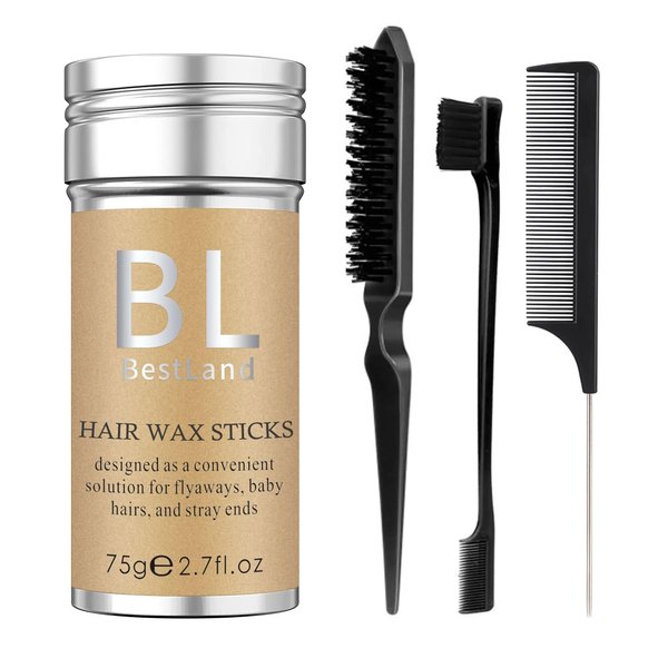 4Pcs Hair Wax Stick & Slick Back Hair Brush Versatile Hair Styling Set, Hair Wax Stick for Flyaways & Wigs Hair Tamer Styling, Edge Brush, Teasing Brush and Rat Tail Combs for Kid Women Girls (Black)