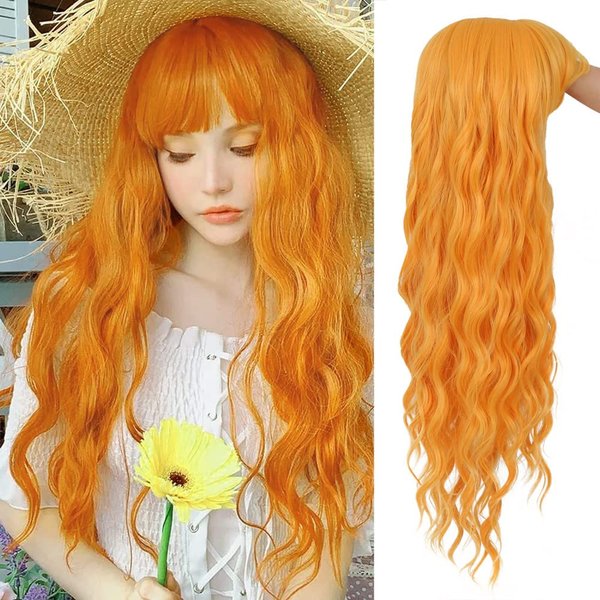 Dai Cloud Light Orange Wigs with Bangs for Women Long Wavy Curly Wig Party Cosplay Halloween Daily Use(Orange)