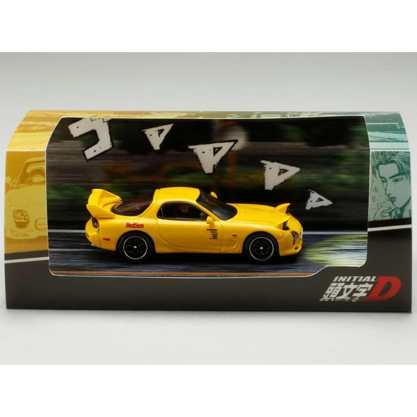 RX-7 (FD3S) RHD (Right Hand Drive) Yellow RedSuns with Keisuke Takahashi Driver Figure Initial D (1995-2013) Manga 1/64 Diecast Model Car by Hobby Japan HJ643007BDY