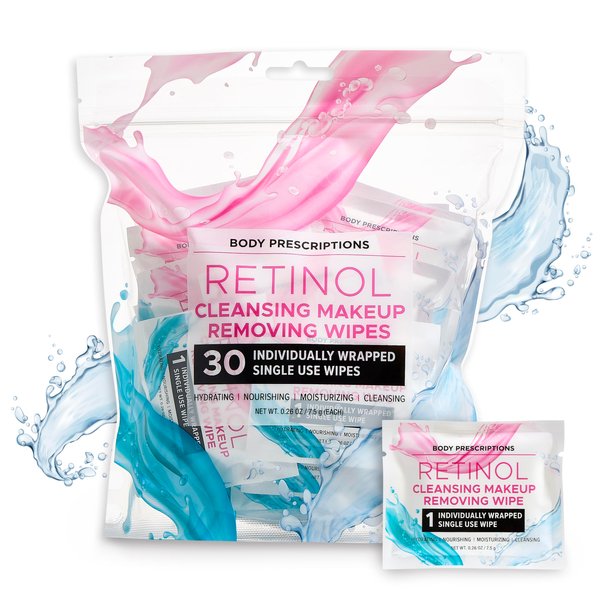 Body Prescriptions Retinol Cleansing Makeup Removing Wipes, 30 Individually Wrapped Single Use Wipes, Hydrating, Nourishing, Moisturizing, 7.5g each