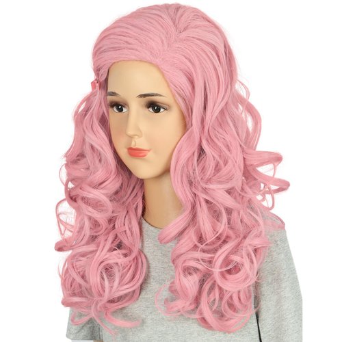 Girls Long Pink Wave Wig with Barrette Halloween Cosplay Party Costume Wig