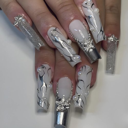MISUD Press on Nails Long Square Fake Nails Glossy Glue on Nails Silver Chrome Swirl Acrylic Nails Squoval French Tip Artificial Nails Rhinestone Stick on False Nails with Design 24 pcs