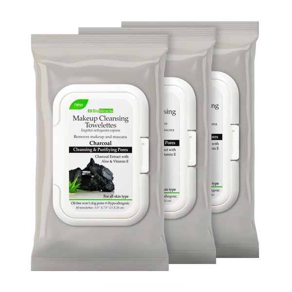 BioMiracle Charcoal Makeup Remover and Cleansing Towelettes 3 Pack/180 Towelettes - pH Balanced Removes Eyeliner, Eye-Shadow, Lipstick and Mascara