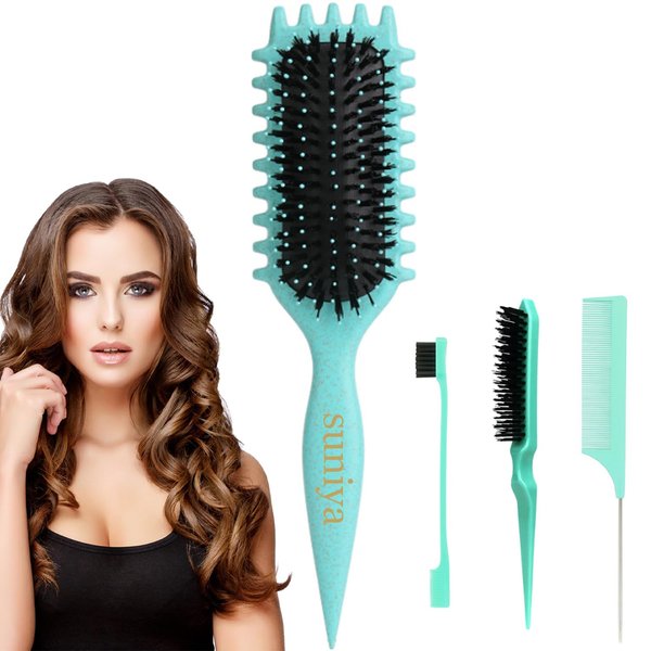 Curl Defining Brush,Curly Hair Brush,2024 Newest Boar Bristle Hair Brush,Styling Brush,Teasing Hair Brush,4Pcs Hair Brush Set with Curly Hair Brush,Edge Brush,Bristle Brush,Rat Tail Comb(Green)