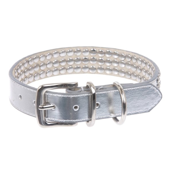 beltiscool 7/8" (22 mm) Leather Dog Collar with Clear Rhinestones Size: M: 11"-13" Neck Color: Silver
