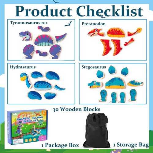 GQIRIL Dinosaur Snap Building Toys - Dinosaurs Snap Together Wooden Build Blocks Kits, Happy Little Dinosaurs Game, Educational Learning Wood Magnetic Take Apart Playset Toy, Birthday Gifts for Kids