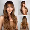 N NAYASA Light Brown Wigs for Women Brown Wig with Bangs 24‘’Ombre Brown Wig with Dark Roots Long Layered Wig Heat Resistant Synthetic Wig Natural Looking Wigs for Daily Party Use