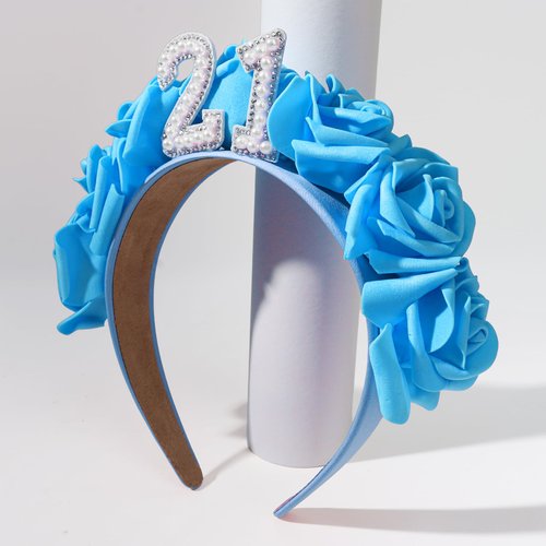 Wecoe 21st Birthday Headband Flower Crown Blue Flower Floral Headband Birthday Crown Tiara Happy 21st Birthday Decoration Gift for Her Party Favors Party Supplies Hair Accessories for Women Girls