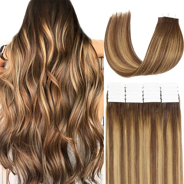 Loxxy Tape in Hair Extensions Human Hair Invisible Brazilian Natural Thick Remy Hair Ombre Chocalate Brown Fading into Chocolate Brown With Strawberry Blonde Highlight R#4-4/27 20pcs 50g/pack 18Inch