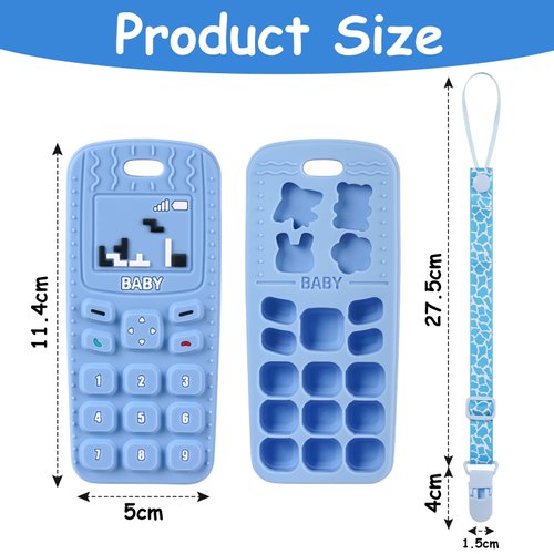 Aolso Baby Teether Toys, Silicone Baby Teething Toys Phone Shape with Pacifier Clip, Soft Teething Toys for Toddlers, BPA Free, Boys Girls Baby Chew Toys, Teethers for Babies 0-6 Months(Blue)