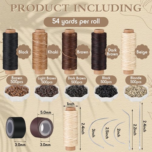 Yuxung 2500 Pcs Hair Extensions Micro Rings Links Beads and 5 Rolls Hair Extensions Sewing Thread and 10 Pieces C/J/I Needles Hair Extension Kit for Human Hair Extensions Hand Sewing Wig DIY Craft