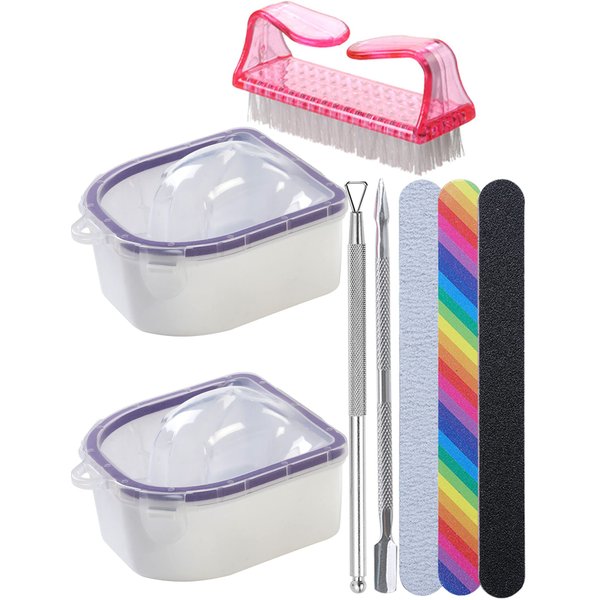 Nail Soaking Bowl, Borogo 2PCS Soak Off Gel Polish Dip Powder Remover Manicure Bowl for Acrylic Nails, Nail Brush, Cuticle Pusher, Cuticle Peeler, 100/180 Nail File, Buffer Block Purple