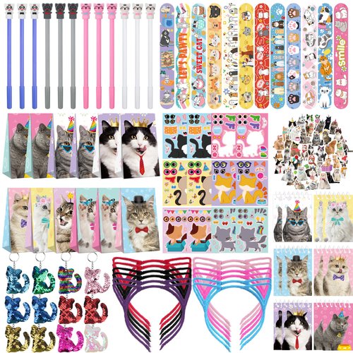 139PCS Cat Party Favors - 12 Cat Stickers 12 Slap Bracelets 12 Cat Ears Headband 12 Cat Animal Mini Notepad 12 Cat Face Pen 12 Cat Keychain 12 Cat Favor Bag 42 cat stickers for Cat Party Supplies