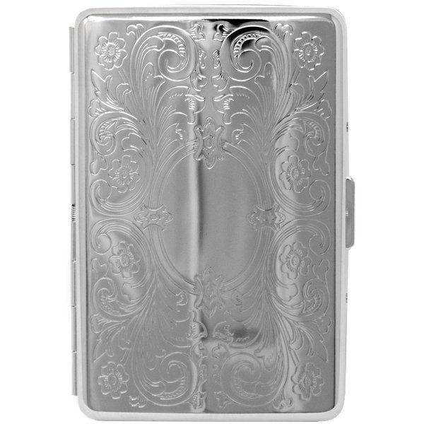 Silver Vintage Victorian Scroll Compact (16 100s) Etched Metal-Plated Cigarette Case & Stash Box