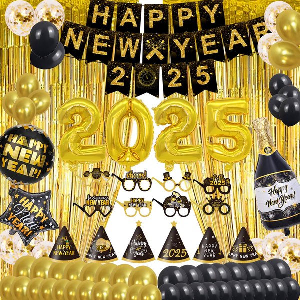 Happy New Year Party Supplies 2025 - Banner, Hats, Glasses, Fringe Curtains and Foil Balloon, , Swirls, Confetti, New Years Eve Black and Gold Party Decoration Decor Kit