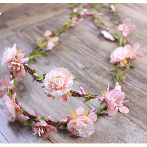 Floral Fall Adjustable Bridal Flower Garland Headband Flower Crown Hair Wreath Halo F-83 (Style 2 Blush)