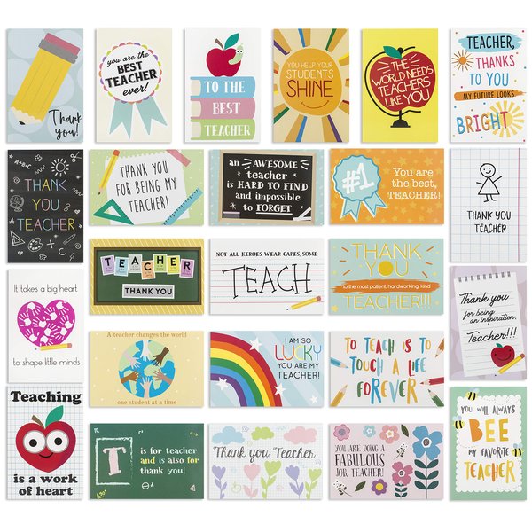 24 Pack Teacher Thank You Cards - Cute Teacher Appreciation Cards in 24 unique Designs- Greeting Card For Teachers Day Card -End of Year Teacher Cards, Thank You Notes To Teachers 4 x 6 inches