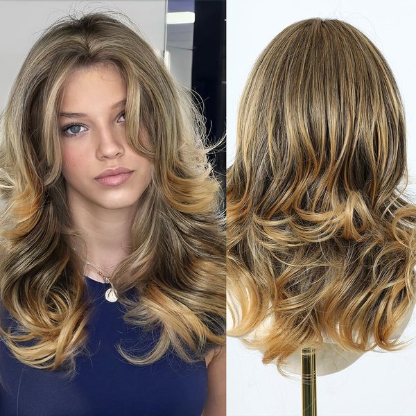 testar Blonde Wigs For White Women Shoulder Length Wavy Bob Wigs Brown Wig With Blonde Highlights 18 Inch Natural Lace Hairline Heat Resistant Wigs For Girls Daily Use