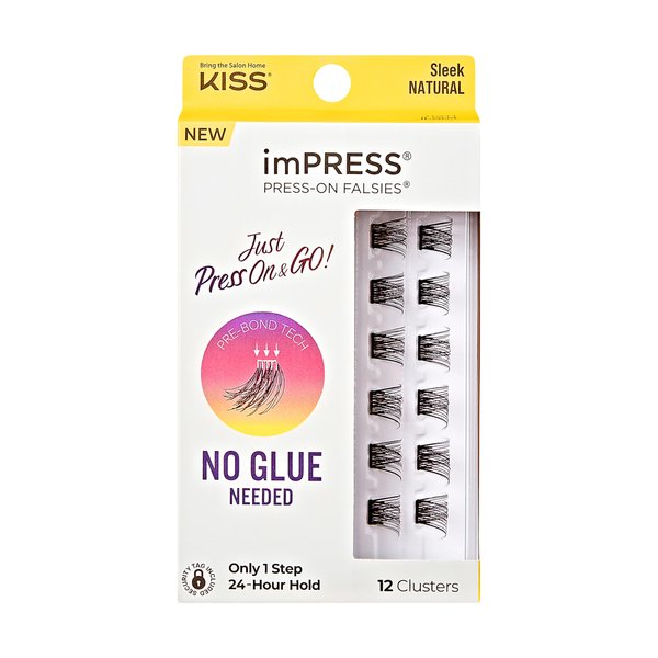 KISS imPRESS False Eyelashes, Lash Clusters, Falsies, Sleek Natural', 12mm-14mm, Includes 12 pieces of pre-bonded lashes, Contact Lens Friendly, Easy to Apply, Reusable Strip Lashes