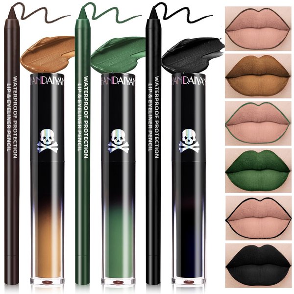 HOSAILY 3 Colors Dark Black Green Brown Lipstick and Lip Liner Set, Goth Liquid Lipstick Lip Gloss Lipliner Waterproof Longlasting Matte Lip Stain Lip Gloss for Halloween Makeup Party Cosplay