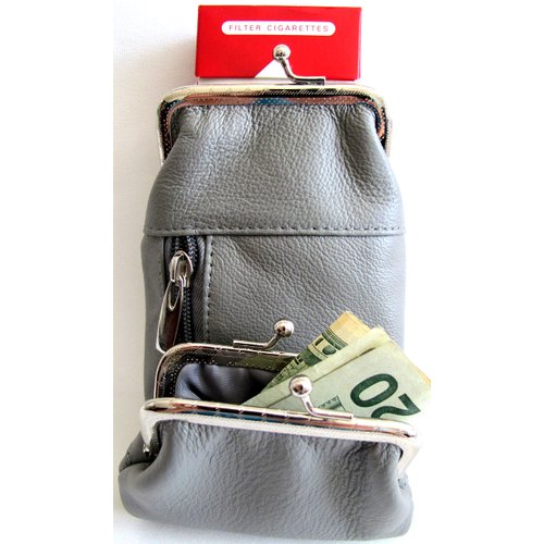 Pure Leather Cigarette Case Coin Pouch Combo 2 Snap + Zipper Pocket Fit 100's King - Grey