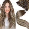 LaaVoo Clip in Hair Extensions Human Hair Light Brown Balayage Blonde Clip in Hair Extensions Real Human Hair Ombre Real Hair Extensions Clip in Human Hair 18 Inch 5pcs/80g
