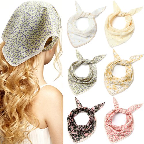 Dingion 6 Pcs Floral Hair Bandanas Head Kerchief Women Bandana Print Chiffon Hair Scarf Triangle Hair Kerchief with Ties(Fresh Color)