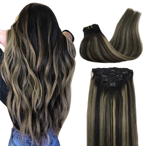 GOO GOO Clip in Hair Extensions Real Human Hair, 24inch 120g 7Pcs, 1B/16/1B Balayage Natural Black to Light Blonde, Remy Human Hair Extensions Clip ins for Women, Natural Human Hair