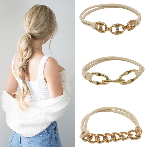 Honbay 3PCS Stylish Cool Metal Chains Elastic Bracelet Hair Ties Decorative Hair Ropes Stretch Hair Bands Hair Rings Elastic Ponytail Holders Hair Accessories