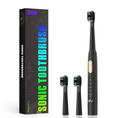 XFU Sonic Toothbrushes for Adults and Kids, 3 Brush Heads, with 5 Modes and IPX7 Waterproof, Battery Electric Toothbrush Build in 2 Mins Timer 40,000 VPM XF-11 Black