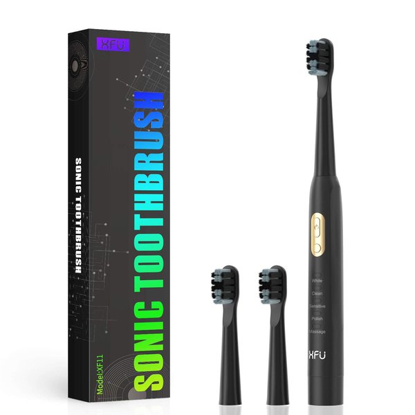 XFU Sonic Toothbrushes for Adults and Kids, 3 Brush Heads, with 5 Modes and IPX7 Waterproof, Battery Electric Toothbrush Build in 2 Mins Timer 40,000 VPM XF-11 Black