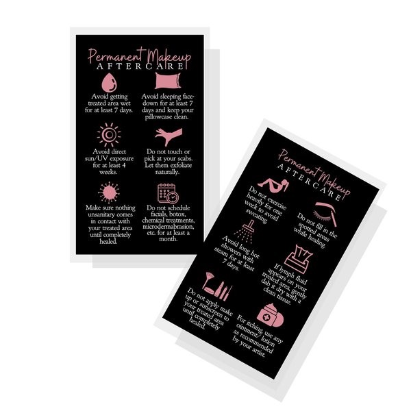 Boutique Marketing LLC Permanent Makeup Aftercare Instructions Card | 50 Pack | 2x3.5 inches Business Card Size | PMU Black with Rosey Pink Design, black, pink, white