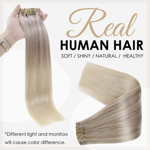 Full Shine Balayage Clip in Hair Extensions Blonde Human Hair Ash Blonde Mix Platinum Blonde Color 18/22 to 60 Blonde Clip in Extensions Real Human Hair Pu Weft 8Pcs 120Grams 16 Inch