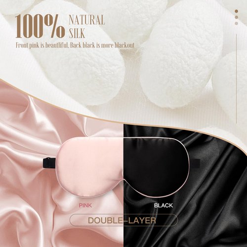 BLSSNZ Silk Sleep Mask for Women - Soft Breathable Organic Natural Mulberry Silk Fabric Blackout Eye Mask for Sleeping with Adjustable Straps No Pressure Eye Mask for Travel Essentials (Pink)