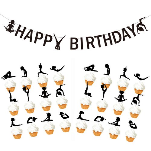 YiiiGoood Yoga Birthday Decoration Kit Yoga Banner & Muffin Cupcake Toppers Yoga Girls Silhouettes Party Decorations Yoga Day for Kids Birthday Baby Shower 1st Birthday Yoga Class Training Planning