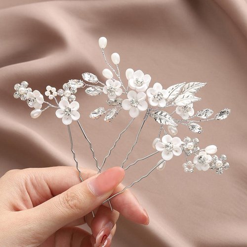 Gorais Flower Wedding Hair Pins Crystal Bridal Hair Pieces Pearl Bride Hair Clips Hair Accessories for Women and Girls (Pack of 3)