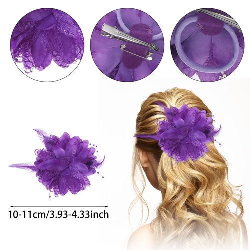 Rose Flower Hair Clip Purple Ladies Feather Flower Hair Clip Artificial Flower Brooch Hairpin Feather Hairband Floral Hats Barrette for Girl Headwear Dress Halloween Christmas Valentine Wedding Prom