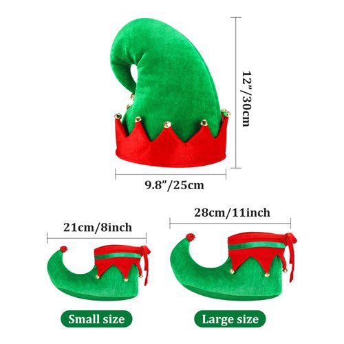 SATINIOR Christmas Santa Elf Shoes and Hat Christmas Red Green Costume Accessory Set (28 cm/ 11 Inch)