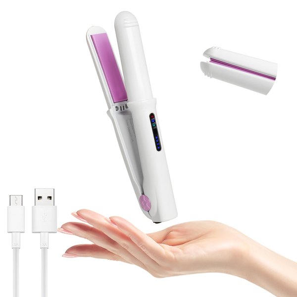 ECOJIA Cordless Mini Hair Straightener,Small Travel Flat Iron for Short Hair,Portable Hair Curler Iron with Ceramic Floating Plates 2600mAh USB Rechargeable Battery Operated 3 Temps Up to 392°F