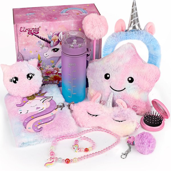 Unicorns Gifts for Girls, Kids Unicorn Toy Set with Light Up Star Pillow/Diary with Lock/Water Bottle/Headband/Eye Mask, Teen Girl Birthday Christmas Unicorns Toy for 4 5 6 7 8 9 10+ Years Old